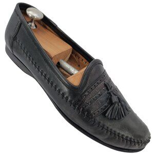Santoni Italy Relaxed Black Leather Dress Shoes Mens 10.5 Moc-toe Tassel Loafers